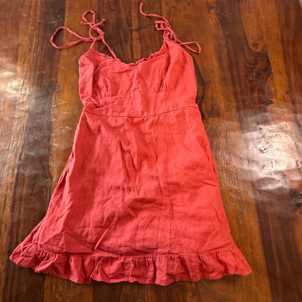 Abercrombie & Fitch Coral Red Linen Blend Ruffle Mini Dress Smocked Back Small